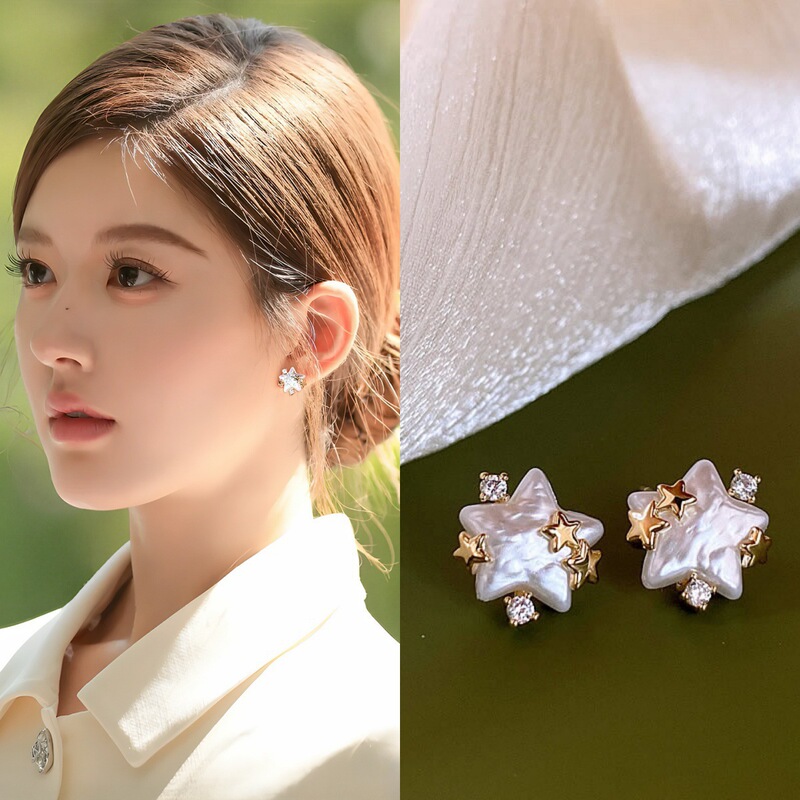 Let Me Shine Brightly, Xu Yan Zhao Lusi's Same Style Mother-Of-Pearl Star Earrings, French Simple Niche Exquisite Five-Pointed Star Earrings