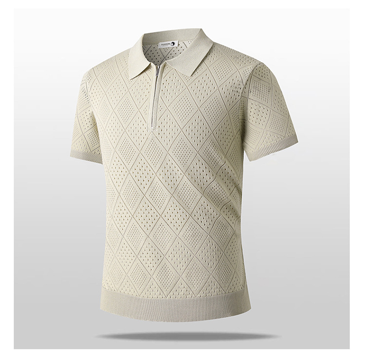 Men's Business Casual Short Sleeve Polo Shirt Summer Old Fashioned Hollow Knitwear Thin T-Shirt for Men_viptrois.com