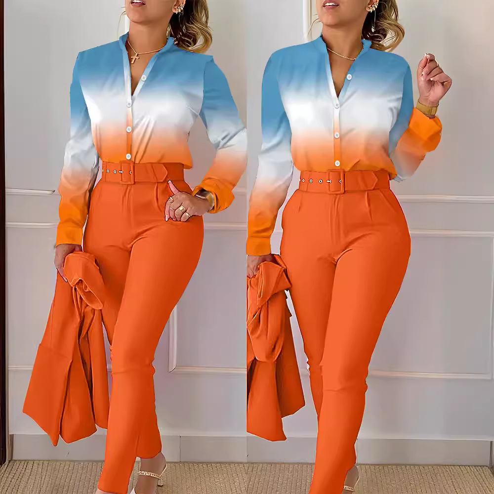 European and American Foreign Trade Women's Cross-border New Casual suit Printed Collar Long Sleeve Shirt Top Trousers Two-piece Set