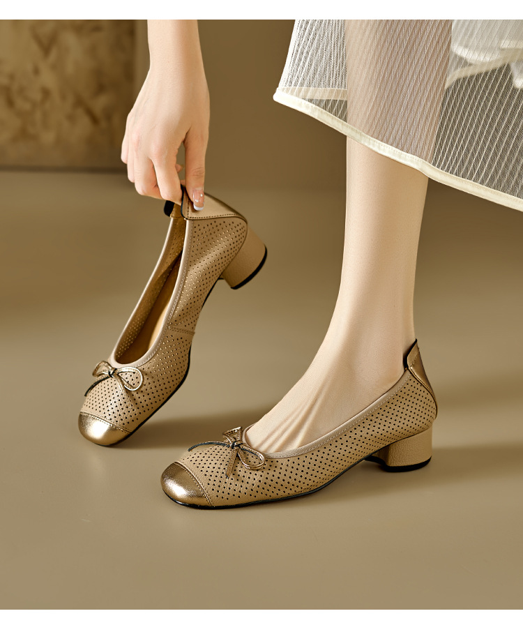 Sandal nữ da cừu miệng nông đục lỗ gót thô thấp phong cách Xiaoxiangfeng — Màu nâu chi tiết 7