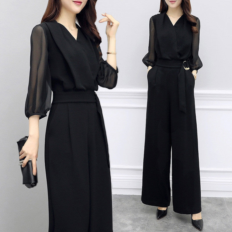 Spring and Summer New High-Waisted Casual Jumpsuit Black Three-Quarter Sleeve Slim Fit Wide-Leg Jumpsuit Suit for Women Spring and Summer New High-Waisted Casual Jumpsuit Black Three-Quarter Sleeve Slim Fit Wide-Leg Jumpsuit Suit for Women