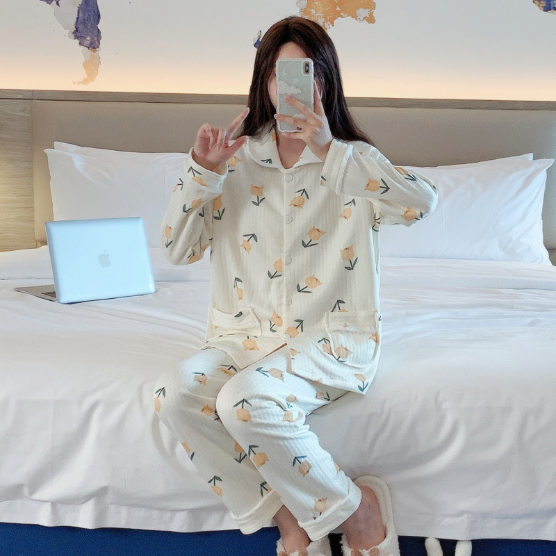 Lindo dibujos animados pijama impreso Otoño e Invierno pijamas de manga larga de las mujeres de aire sándwich cardigan traje de homewear de la niña