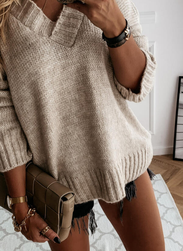 Solid Color V-Neck Long-Sleeved Pullover Sweater NSPZN105097