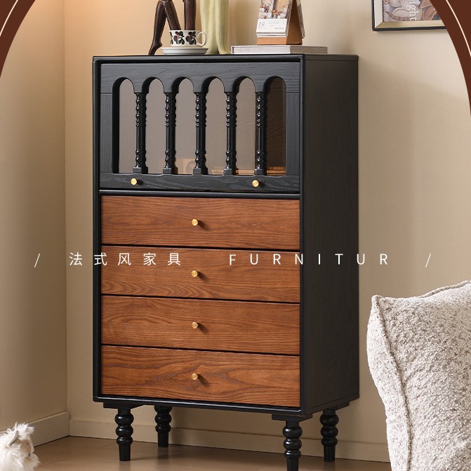 French-Style Vintage Solid Wood Chest of Drawers, Living Room Drawer Cabinet, Antique-Style Wall-Mounted Storage Cabinet, Small Apartment Storage Side Cabinet