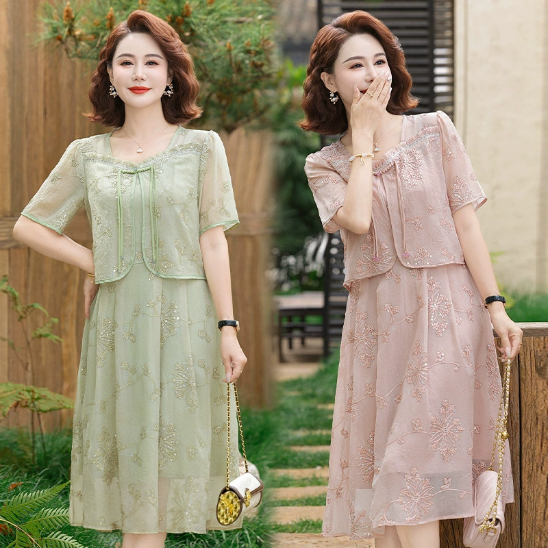 Новое летнее платье для мамы в китайском стиле с короткими рукавами, модная летняя юбка средней длины из двух частей с пайетками для женщин среднего и пожилого возраста