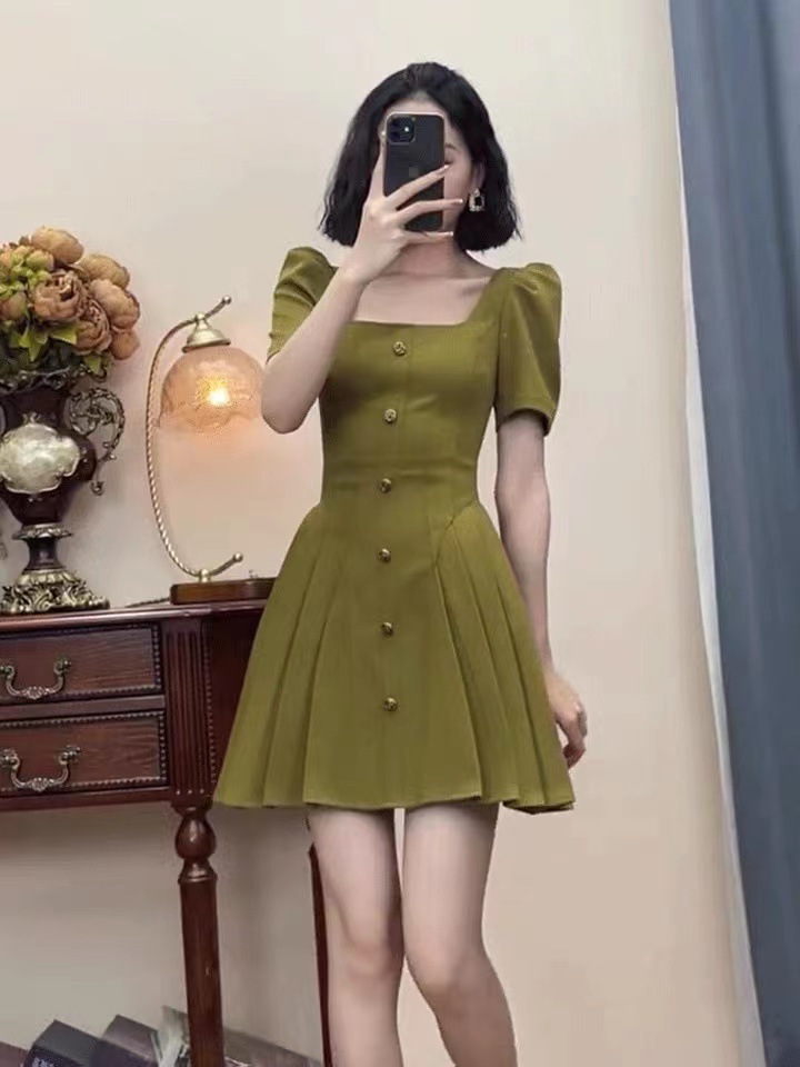 Đầm nữ cổ vuông kiểu Pháp chít eo tôn dáng — Màu xanh lá dáng dài, Màu xanh lục mẫu ngắn, Màu đen mẫu ngắn chi tiết 10