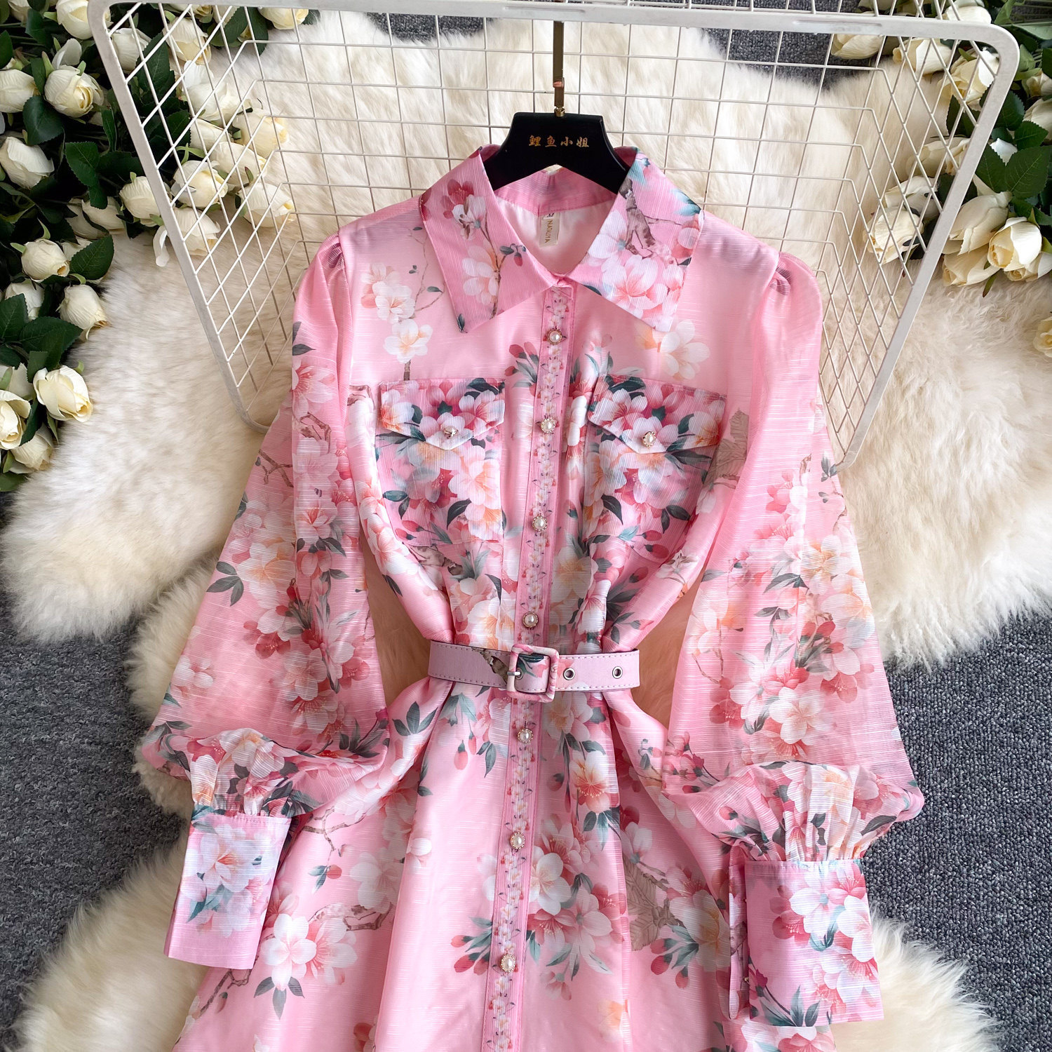 Women's French Style Printed Dress Fitted Openwork Long Sleeves Lapel Collar Tie Waist A-Line Long Skirt for Commuting_ecoleips.com