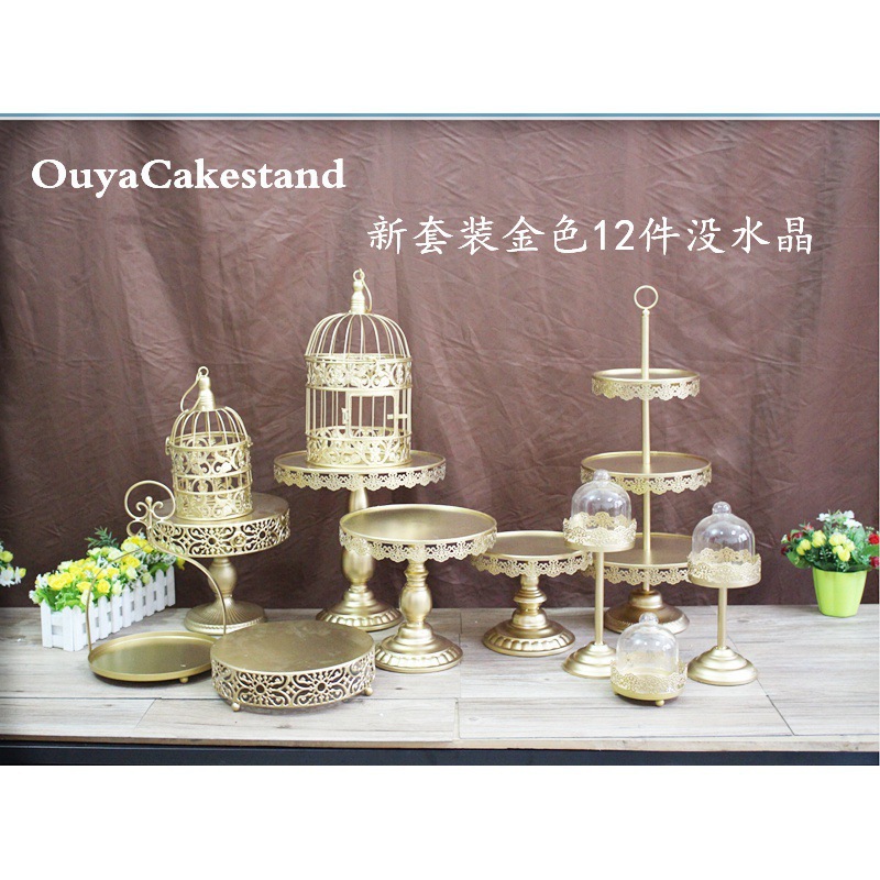 Decoración de mesa de postres de boda de oro, estante de pastel europeo, propósitos de boda, bandeja de pastel de encaje, estante de refrigerio de hierro forjado, 12 juegos image 15