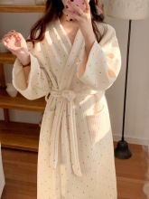 韩国秋冬新款睡袍女保暖夹丝绵浴袍长款彩色圆点长款家居服睡袍潮