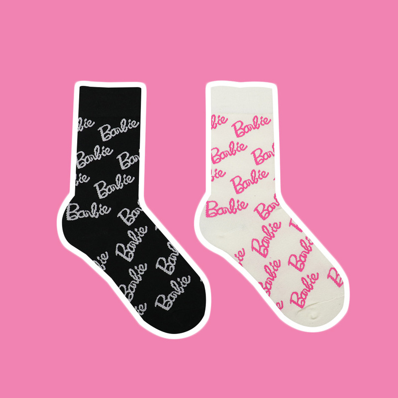 New Internet Celebrity Ins Trendy Black and White Full-Print Pink Barbie Letter Socks European Cargo Dynamic Mid-Calf Socks Cotton for Men and Women