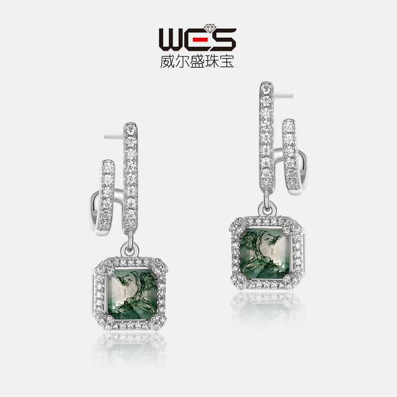 Nuevo producto transfronterizo para S925 plata verde musgo pendientes femeninos de ágata acuática estilo europeo y americano Luz de lujo en stock generación