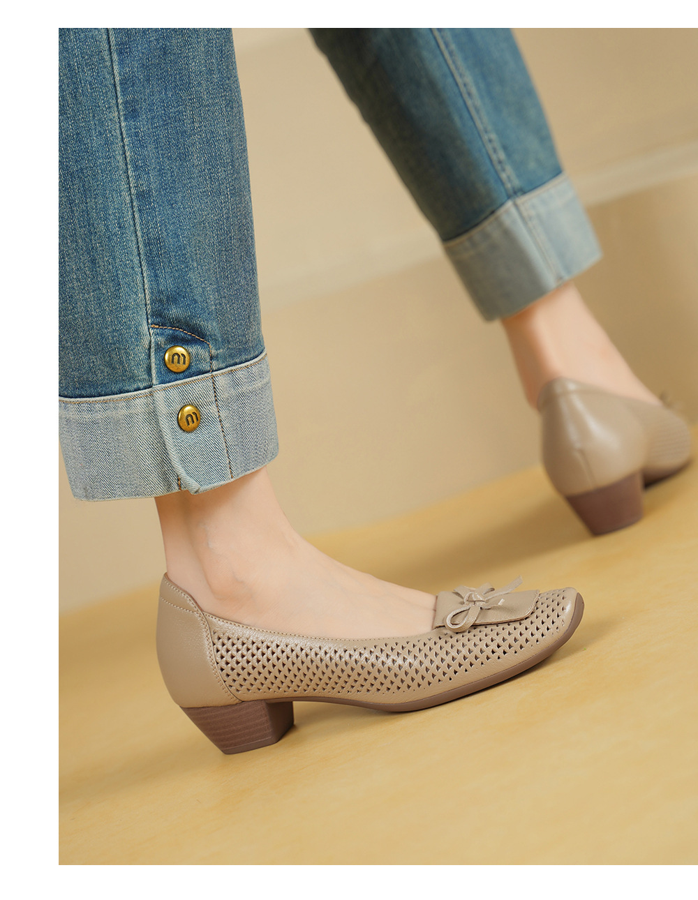 Giày cao gót nữ da cừu mũi nhọn gót vuông ổn định 3.5cm nơ bướm — màu trắng ngà chi tiết 6
