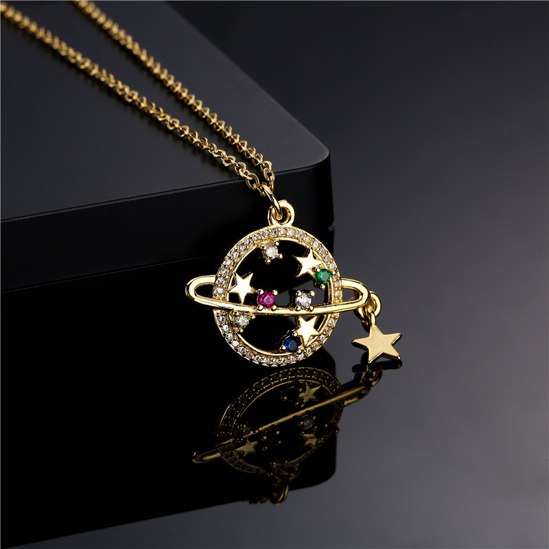 copper micro-inlaid color zircon personality planet pendant 18K gold plated star necklace