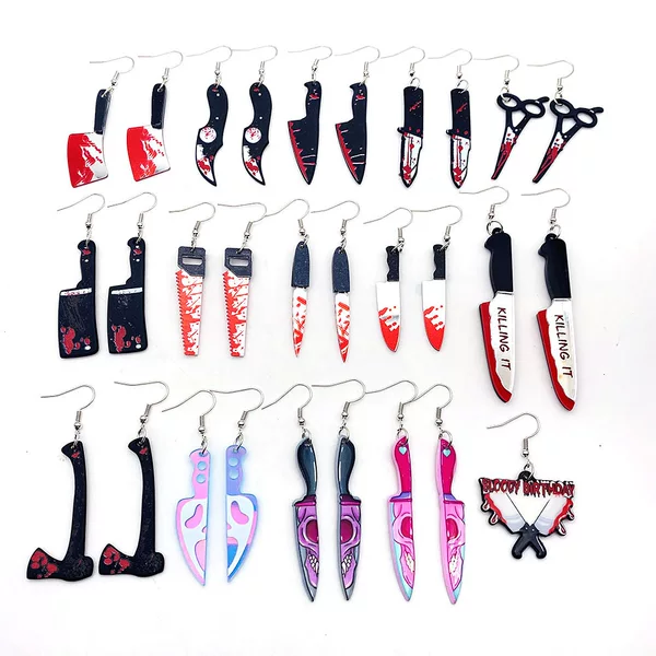 European and American New Halloween Blood Stain Printed Acrylic Earrings Personalized Sharp Knife Kitchen Knife Earrings Funny Earrings