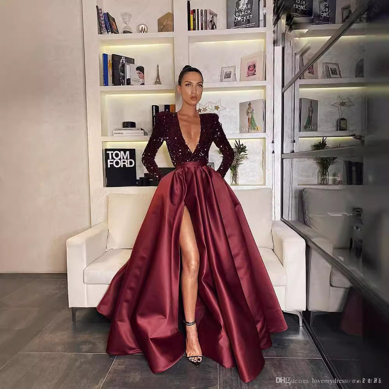 Cross-Border European and American Amazon New Style Women's Sexy Long-Sleeve Sequined V-Neck Flared Sequined Slit Long Evening Dress
