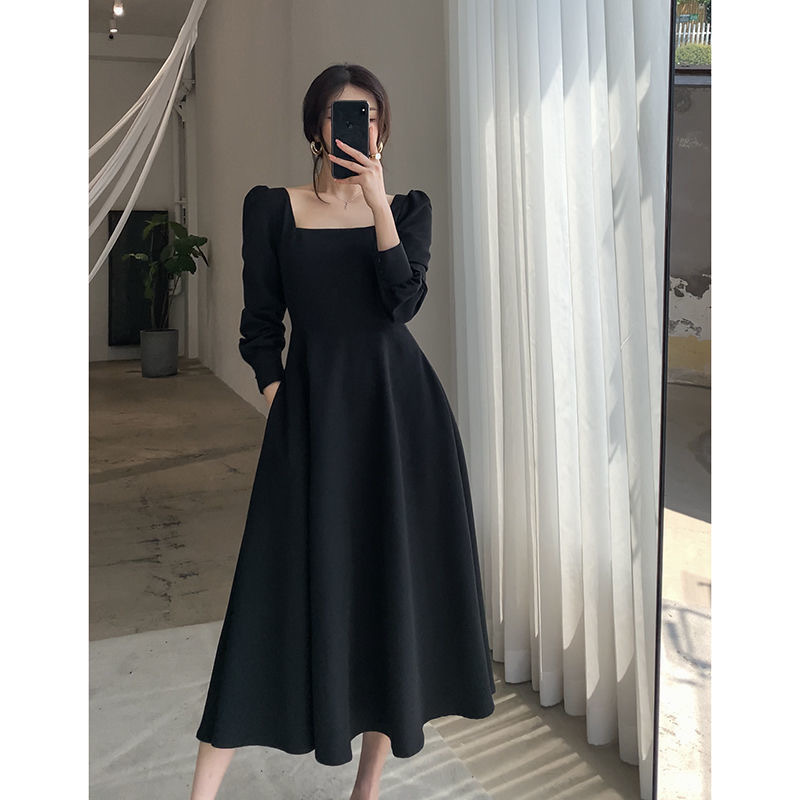 Black Dress for Women 2025 Autumn New Long-Sleeved French Retro Hepburn Style Square Neck Long Dress