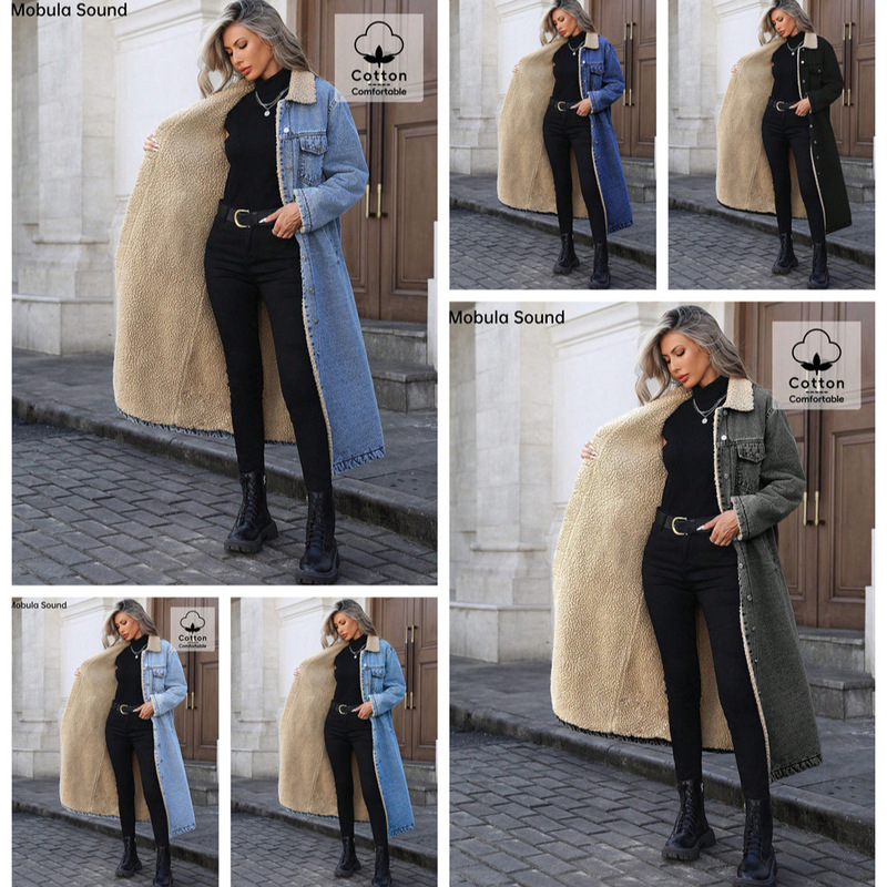 Explosions in stock -20781 Amazon cross-border foreign trade women's European and American loose long fleece-lined cotton-padded Denim coat