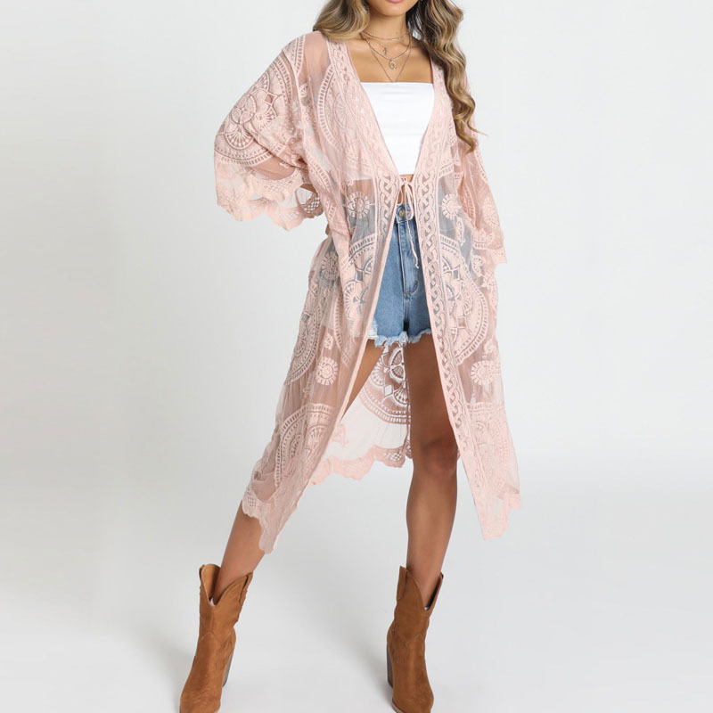 280g Weight 3/4 Length Sleeve Sleeve Length Placket, Tie Placket Type Regular Sleeve Sleeve Type Cotton Blend Fabric Type Long Top Length Cardigan Tops Type Holiday, Daily Occasion Collarless Neckline Loose Fit Type Lace Pattern Summer, Spring, Autumn Season Women's Gender Embroidery Design Elegant, Streetwear Style Women's Lace Elegant Streetwear Cover Ups 18