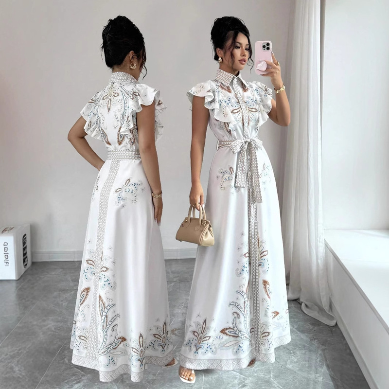 Spring and Autumn New Style Palace Style Retro Printed Long-Sleeved Waist-Cinching Long Skirt Fashionable Single-Breasted Stand-Up Collar Dress