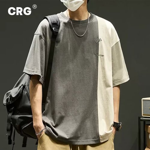 Summer Color Block Splicing Short Sleeve T-Shirt for Men, Japanese Style Loose Fit Versatile Trendy Embroidered Crew Neck Basic Top Shirt