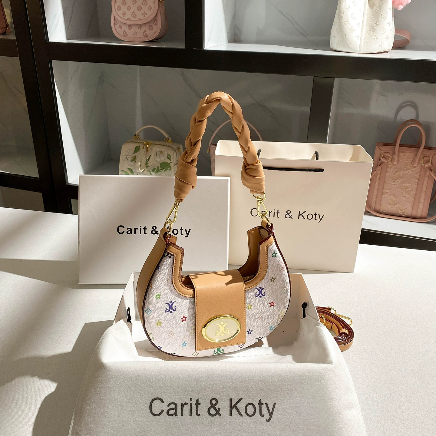 Underarm One-Shoulder Bag (Carit & Koty) Woven Crescent, Braided Handle & Detachable Strap, Multi Colors
