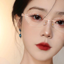 钻石切边无框眼镜近视女网上配镜可配有度数防蓝光无边框超轻镜框