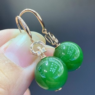 Fubei Diamond Jewelry [18K Gold Through-Hole Inlaid with Natural Hetian Jasper Laokeng Spinach Green Earrings] 12m Large Round Beads