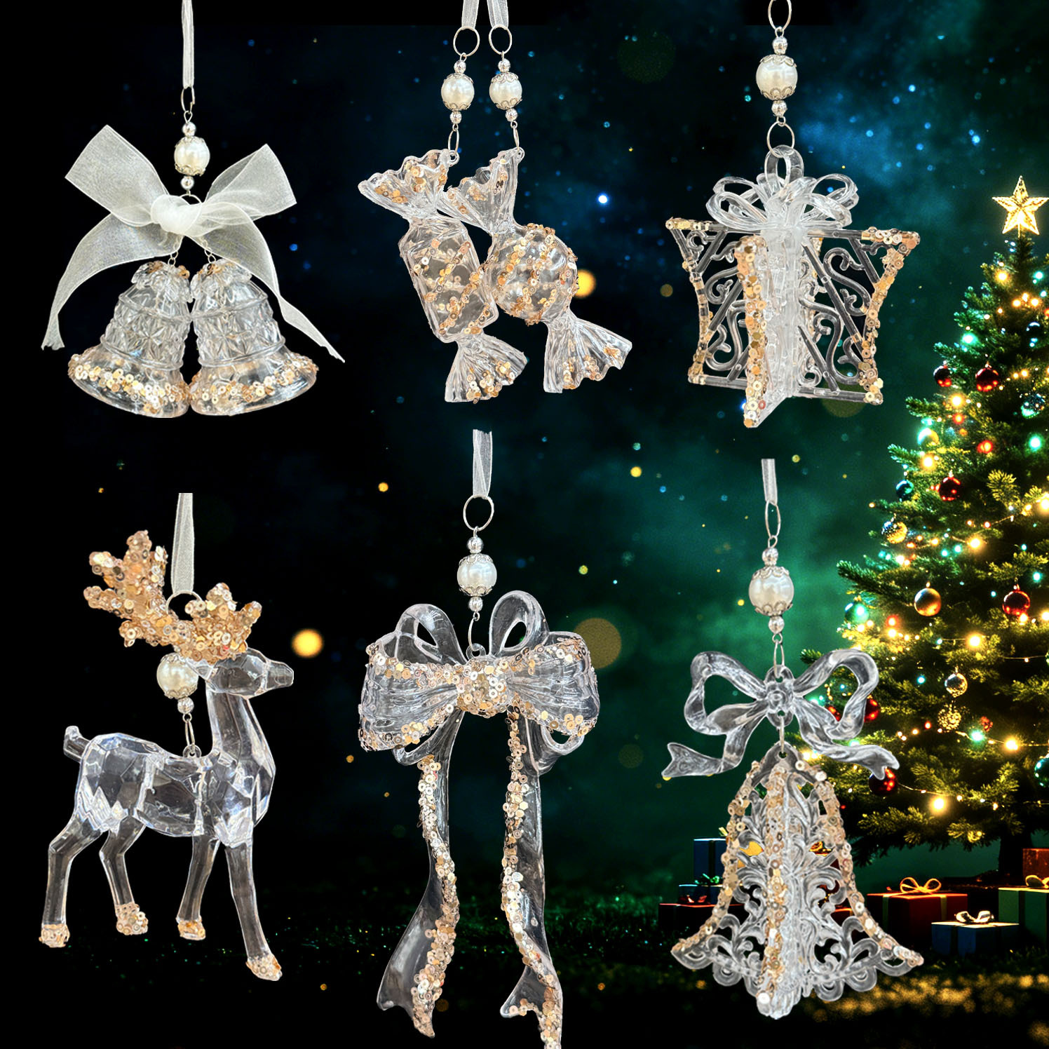 In-Stock 2026 Christmas New Bell Ornaments Reindeer Transparent Acrylic Hanging Decorations Christmas Tree Holiday Decorations