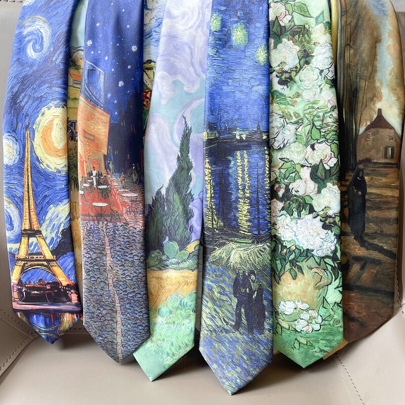 Factory in stock wholesale imitation silk printed tie Van Gogh oil painting series tie antique American retro casual