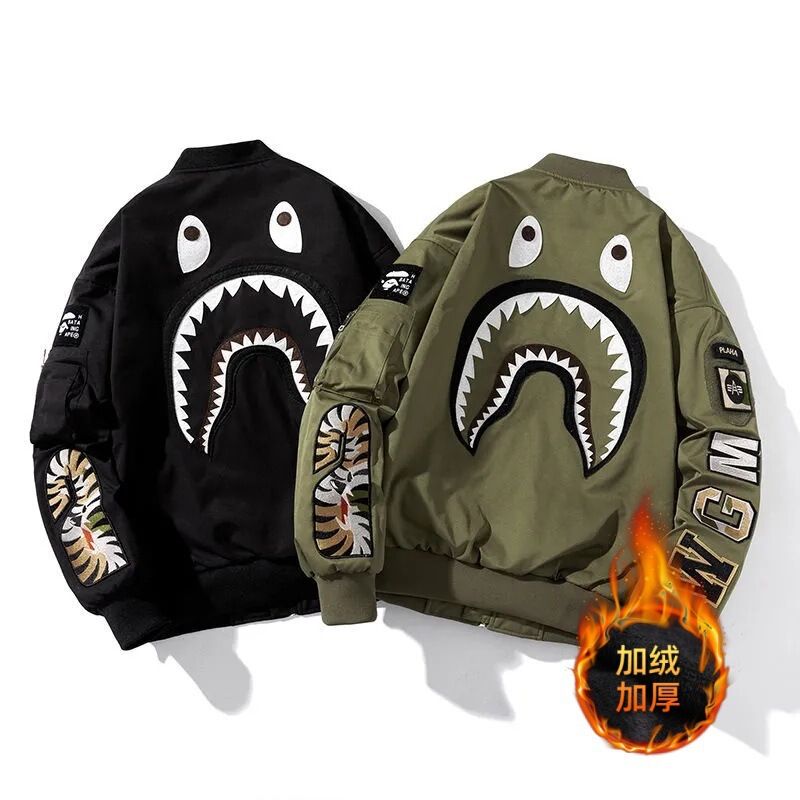 Men's Autumn and Winter All-match Loose Coat for Couple Trendy Brand Ins Top Baseball Suit Aviator Shark Print Jacket