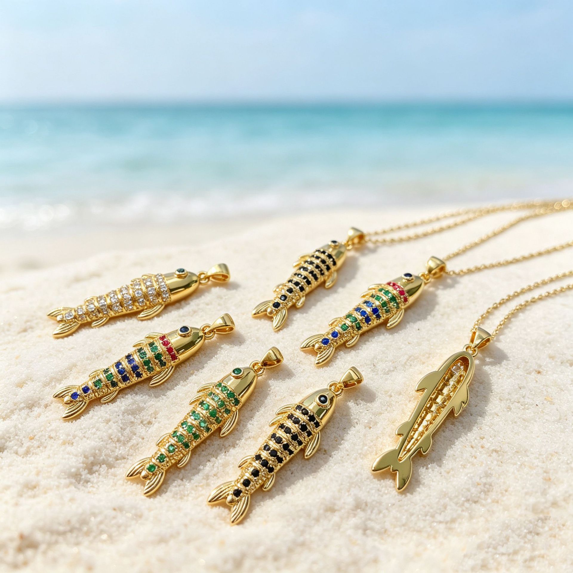Cross-border best-selling ocean series jewelry DIY copper-plated colored zircon micro-inlaid small fish pendant, light luxury personalized accessory