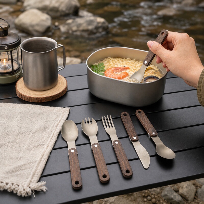 Pure titanium cutlery with walnut wood handle, portable and foldable, square spoon, salad spoon, camping outdoor picnic knife, fork, and spoon