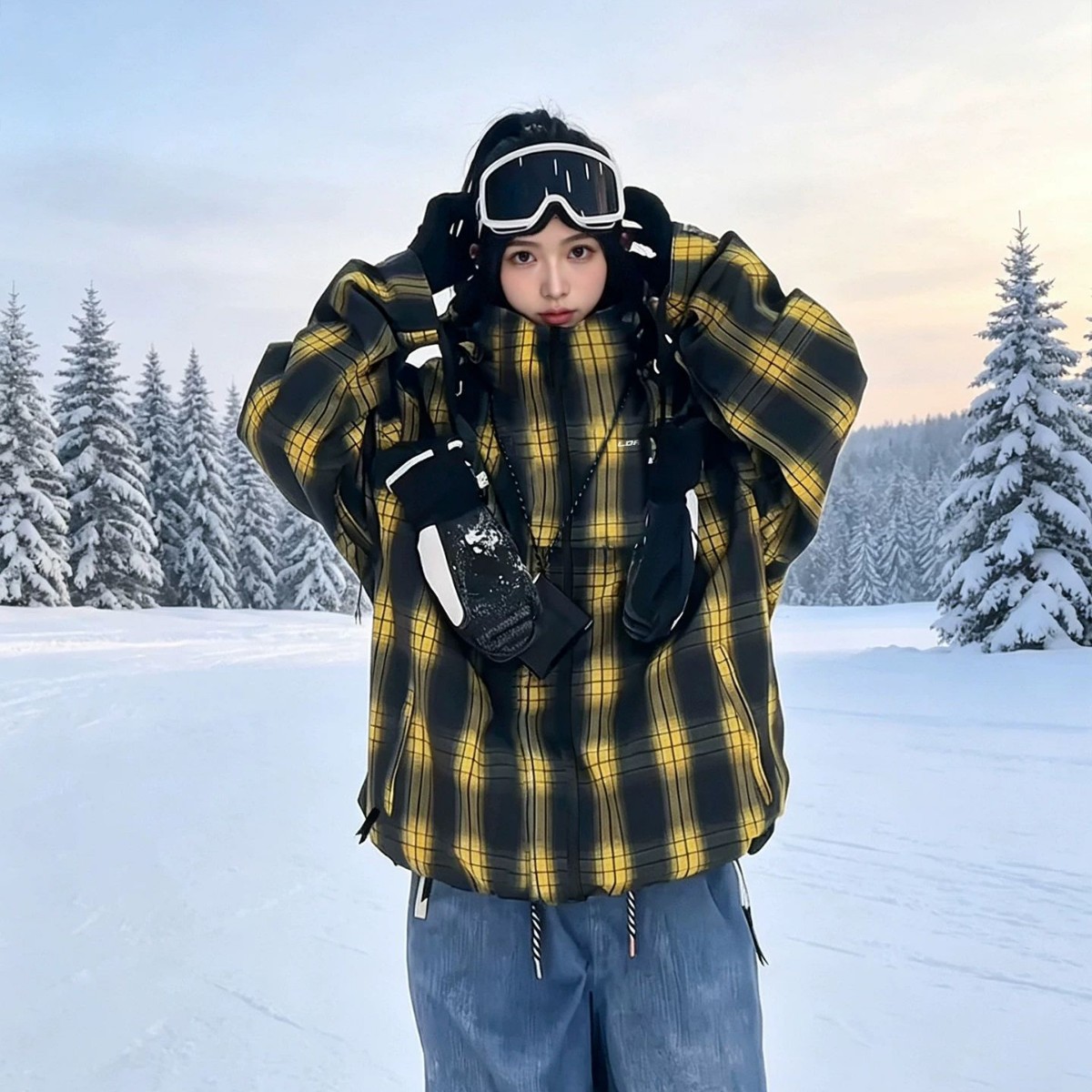 Ldab Yellow and Black Plaid Ski Suit for Women 2026 Autumn and Winter New Windproof and Waterproof Ski Jacket for Men and Women