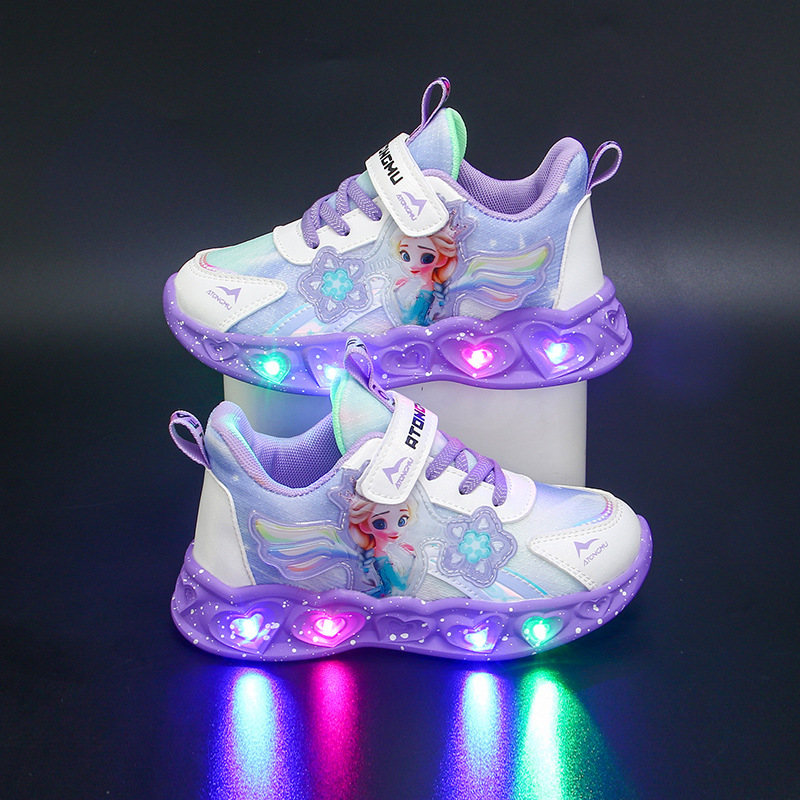 Wholesale Girls' Shoes with Lights 2026 Spring and Autumn New Style Mesh Breathable Children's Sports Shoes Versatile Princess Running Shoes
