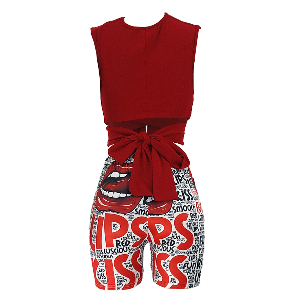 solid color halter neck sleeveless wrap chest top lips letter printing shorts two-piece set NSJZH129043