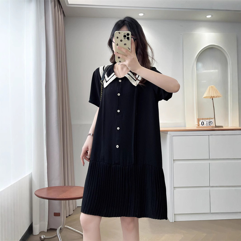 2023 Summer Plus Size Chiffon Skirt Short Sleeve Doll Collar Dress Slimming Pleated Swing Mid-Length Dress for Plus Size Women 304
