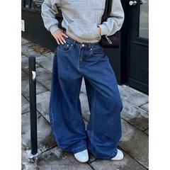 美式复古梨型身材弯刀阔腿裤秋季新款胖mm宽松深蓝牛仔裤女款
