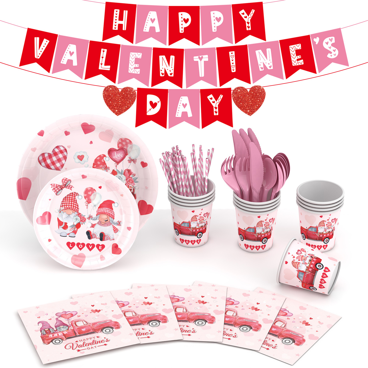 Transfronterizo Día de San Valentín Rosa coche tema Fiesta decoración suministros plato de papel desechable taza de papel decoración traje