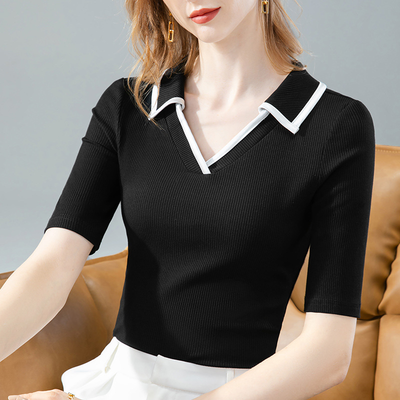 Camiseta de manga media para mujer 2023 nuevo cuello de polo elegante para mujer camiseta de media manga modal contraste de color cintura ajustada image 3