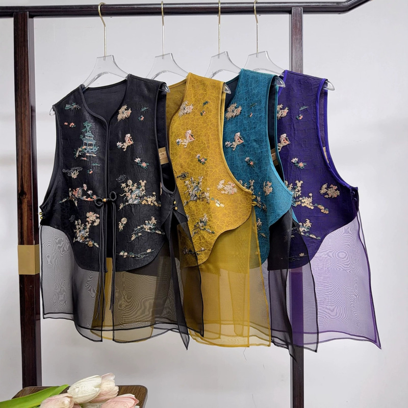 Nanyou Wholesale New Chinese Style National Style Xiangyun Silk and Mulberry Silk Patchwork Heavy Embroidery Sleeveless Vest Mid-Length Top Nanyou Wholesale New Chinese Style National Style Xiangyun Silk and Mulberry Silk Patchwork Heavy Embroidery Sleeveless Vest Mid-Length Top