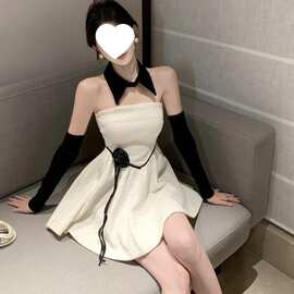 小香风鱼骨抹胸短裙花朵绑带连衣裙配袖套时尚小个子宴会礼服