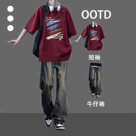 夏季酒红色纯棉T恤青少年短袖港风复古时尚套装学生酷帅两件套