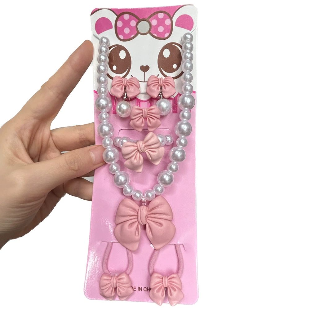 Детский набор ожерелья милый бант жемчужное ожерелье браслет серьги кольцо для девочек первый подарок для студентов