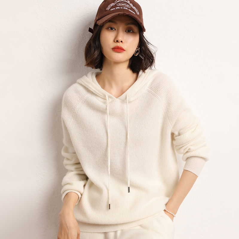 Cashmere 2025 Autumn and Winter New Women's Loose Hooded Sweatshirt Pullover Raglan Short Ingot Needle Knitwear Knitwear