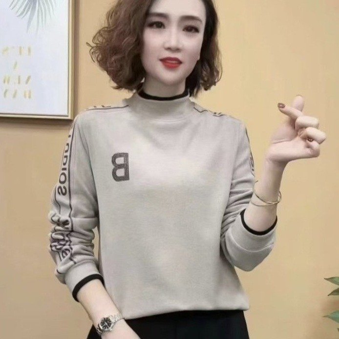 一件代发正宗德绒2025秋季新款时尚拼色半高领字母印花打底衫女装|undefined