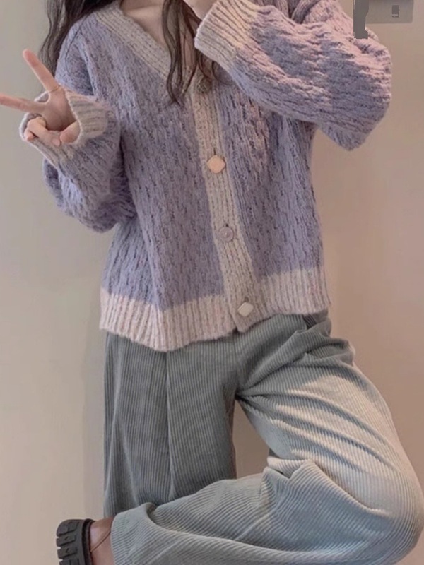 新款v领短款毛衣小外套女秋冬小香风奶fufu宽松软糯针织开衫上衣|undefined