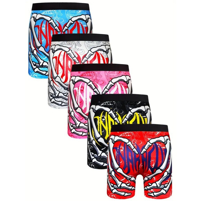 Ropa interior de longitud media de ángulo plano delgado de cintura media sexy para hombres Venta caliente Esqueleto que lema Graffiti Impresión 3D