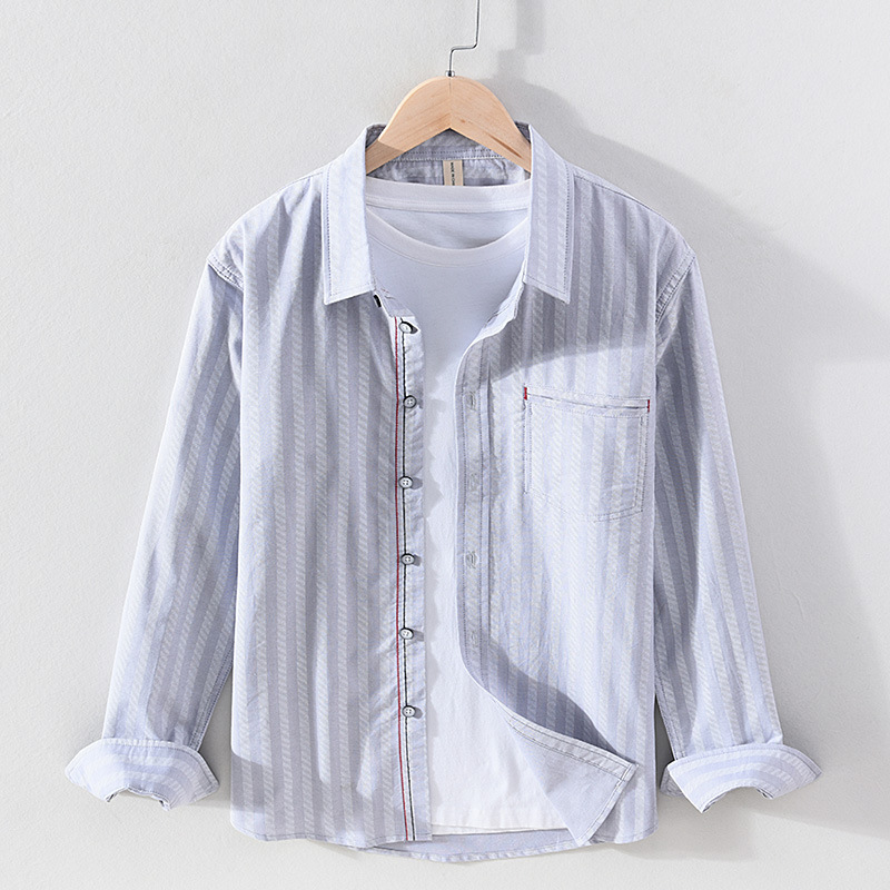 Herren Oxford Hemd Gestreift Langarm Casual Freizeithemd_voghion.com