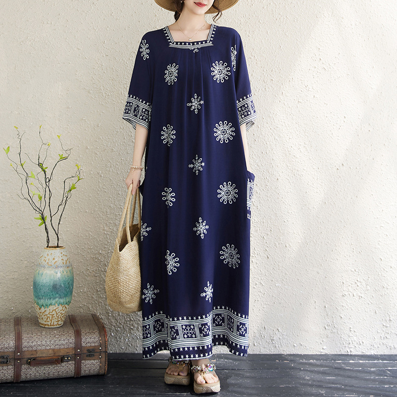 Retro Print Cotton Dress for Women, Summer Short Sleeve Plus Size, Vacation Style, Long Dress for Middle-Aged and Elderly