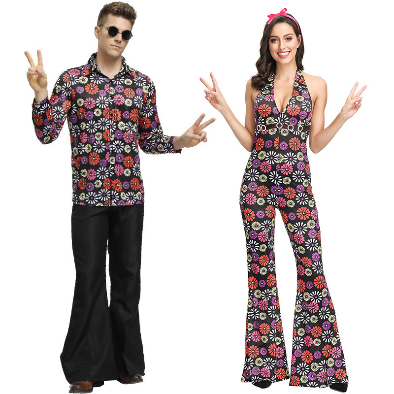 Halloween Adult Cosplay Hip-Hop Singer Couple Costumes 90S Retro Floral Performance Costumes for Adult Men